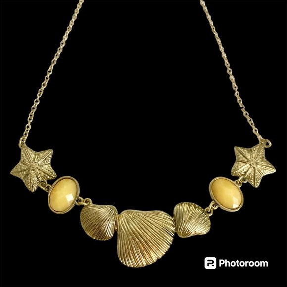 Gold Sea Shell Starfish Bib Necklace Plated Sea Life Island Nautical Beach 20" - Picture 2 of 14